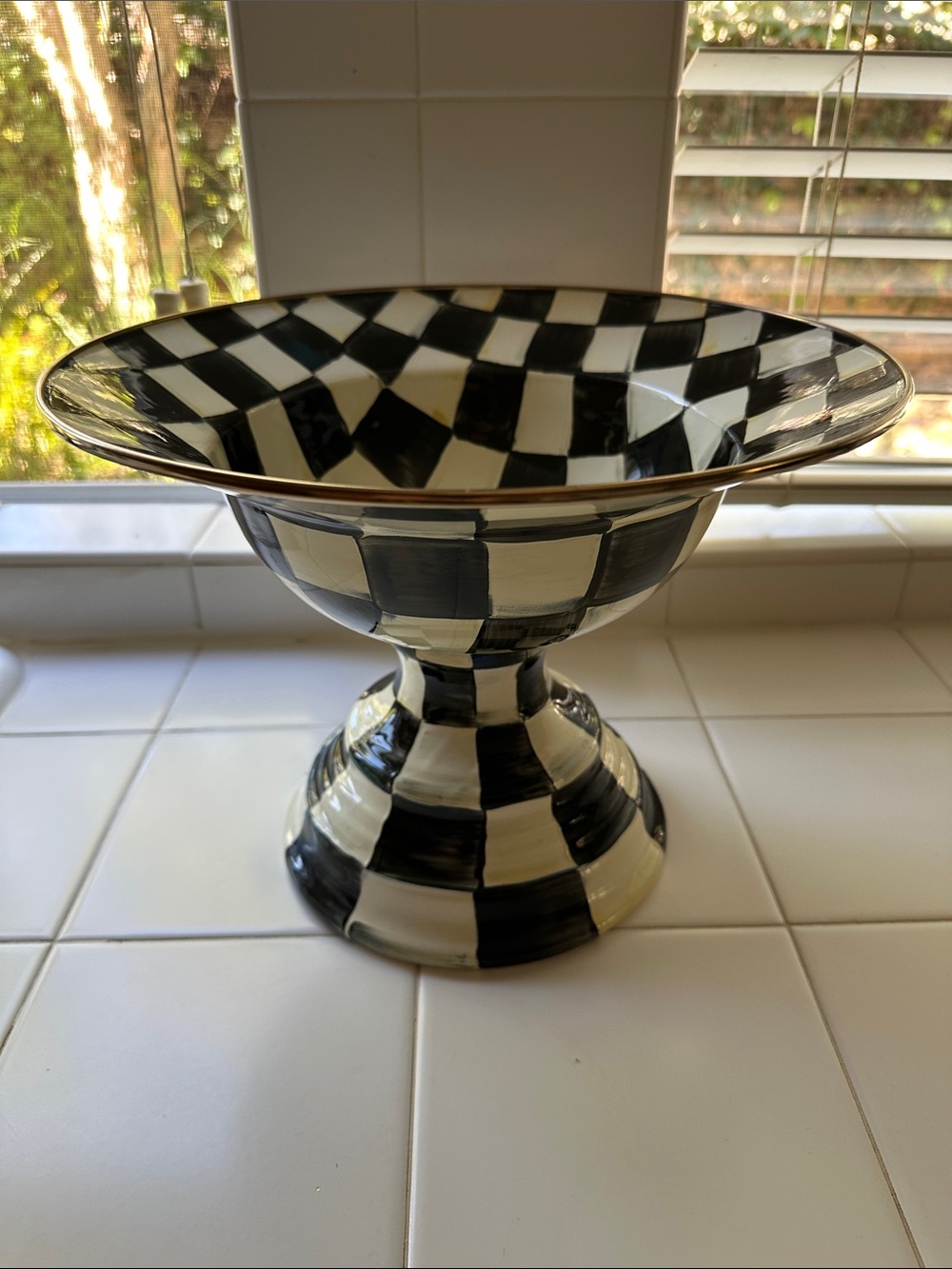 MacKenzie-Childs Large Compote Black & White Check Pedestal Bowl with Gold Trim